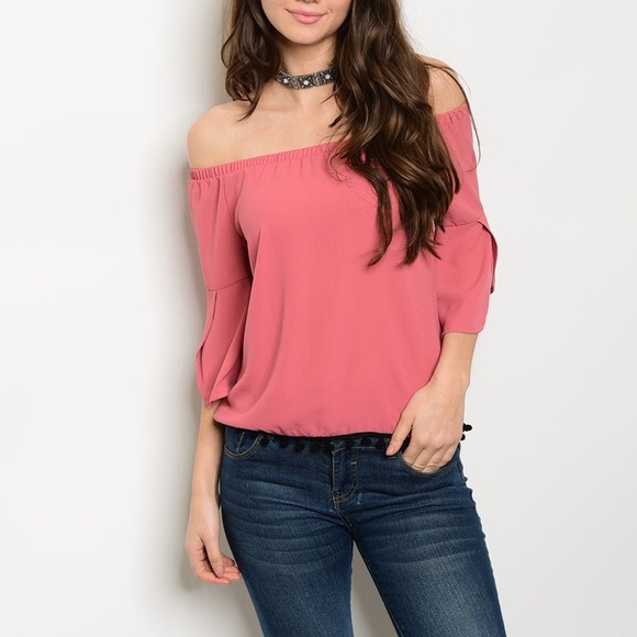 Tops - Pink Off-shoulder Fringe Bottom Top